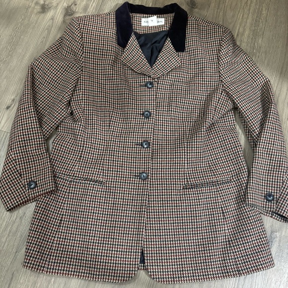 Vtg Norton McNaughton Womens 16 Black White Red Houndstooth Blazer Jacket Velvet - Picture 5 of 11